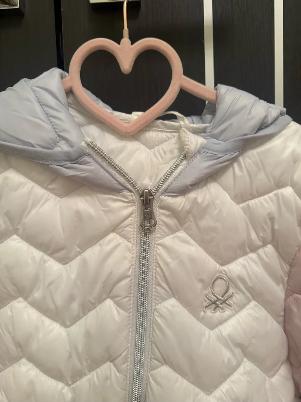 United Colors Of Benetton Pink, White & Light Gray Hooded Puffer Jacket